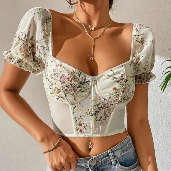Boho Floral Embroidered Puff Sleeve Top - Picture 1 of 4